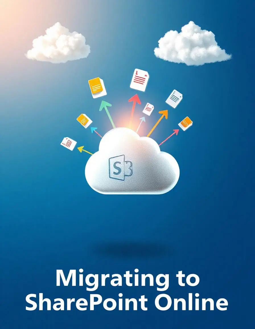 The image features a blue gradient background transitioning from a lighter blue on the left to a deeper blue on the right. In the center, there's a stylized cloud icon with the SharePoint logo (S3) subtly embossed. Colorful document icons are shown moving upwards from the cloud, with arrows pointing in different directions, representing data migration. Two white clouds are positioned at the top, enhancing the cloud migration theme. Below the central visual, bold white text reads, "Migrating to SharePoint Online," with the title centered at the bottom of the image. The overall design conveys a sense of movement and transition towards the cloud.