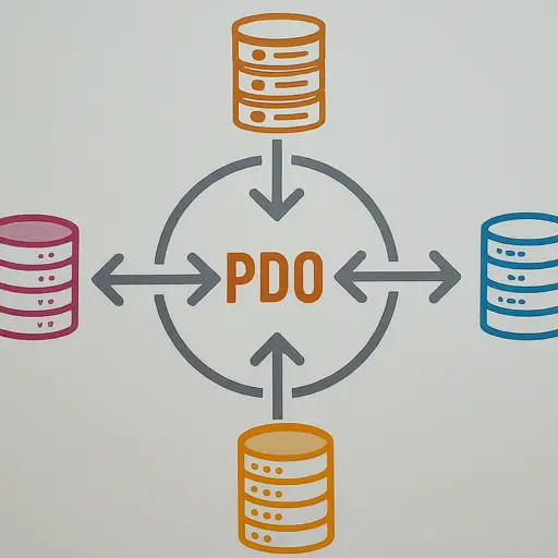 Diagram illustrating the PDO (PHP Data Objects) architecture with three database icons connected to a central circle